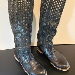 100% Leather Perforated Knee-High Black Boot - NEW